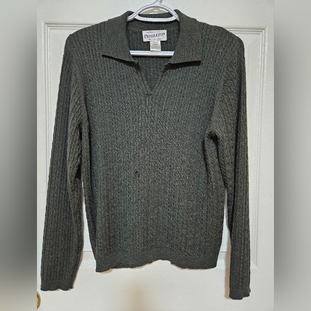 Pendleton Women's Green Cable-knit Collared Sweater Classic V-Neck 100% Wool Lge